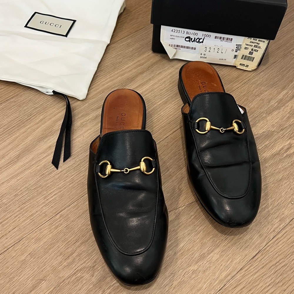 GUCCI Princetown Black Leather Horsebit Mules Clogs Slides Loafers Flats \\ 38